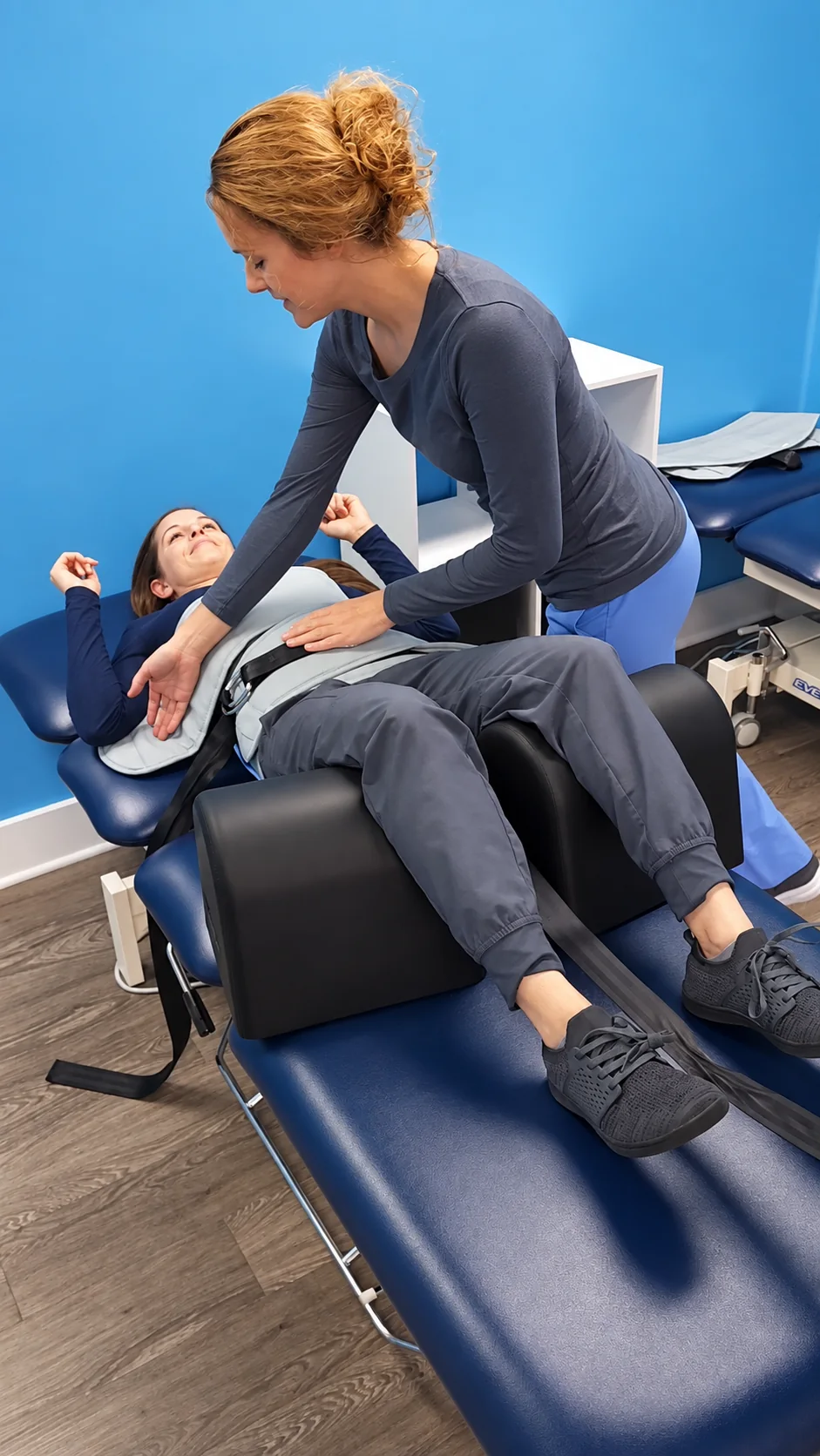 An OSC team member fitting the harness for a lumbar decompression demonstration