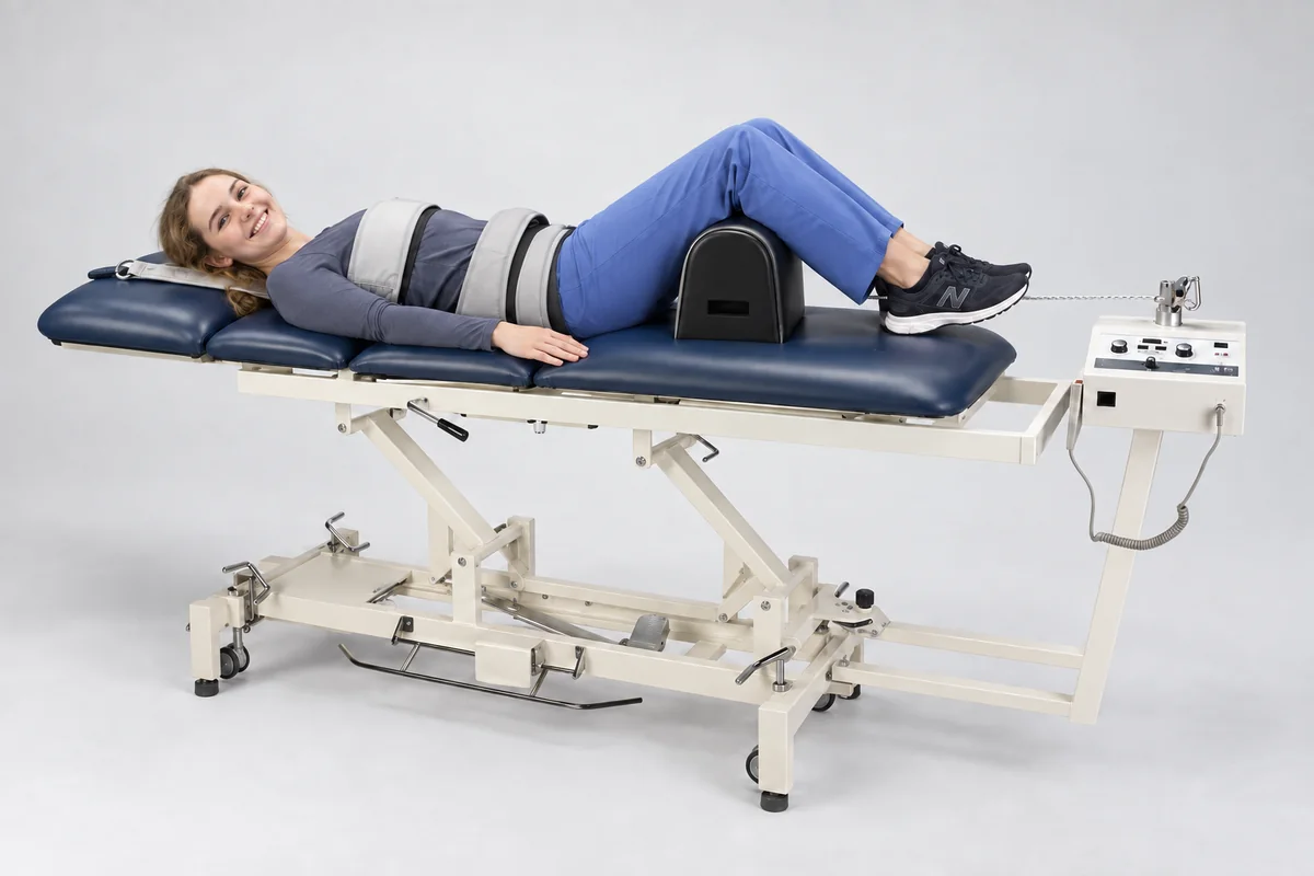 AI illustration of an OSC staff member on a decompression table with one knee bolster